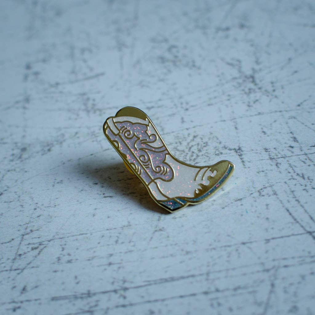 White Glitter Cowboy Boot Enamel Pin