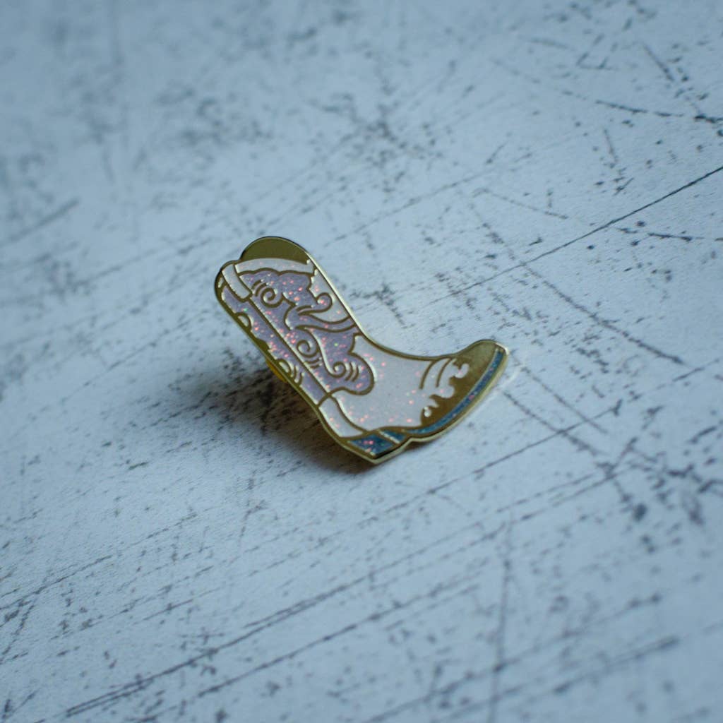 White Glitter Cowboy Boot Enamel Pin